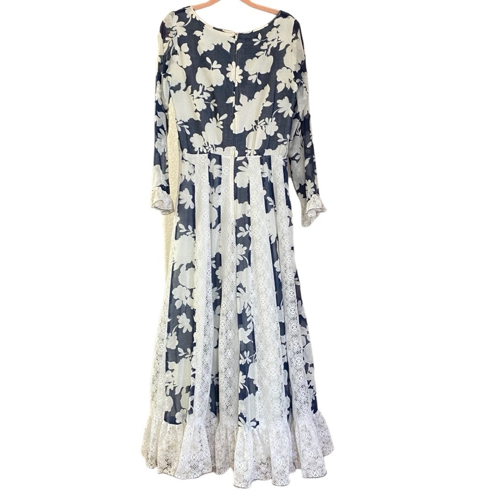 Vintage 70’s Blue And White Prairie Cottage Core Maxi Dress Women’s 10 Ruffle - Picture 9 of 16